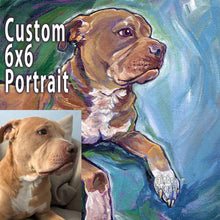 Load image into Gallery viewer, a custom pet portrait of a brown and white dog, painted on a 6x6 inch canvas
