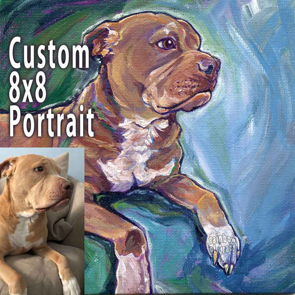 a custom painting of a brown and white dog, painted on a 8x8 inch canvas