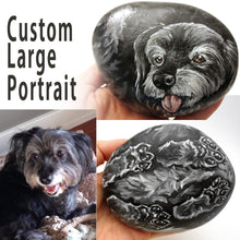 Load image into Gallery viewer, A custom pet portrait painting, on a large stone, of a black dog, 
