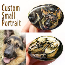 Load image into Gallery viewer, a small beach rock with custom art of a german shepherd dog portrait
