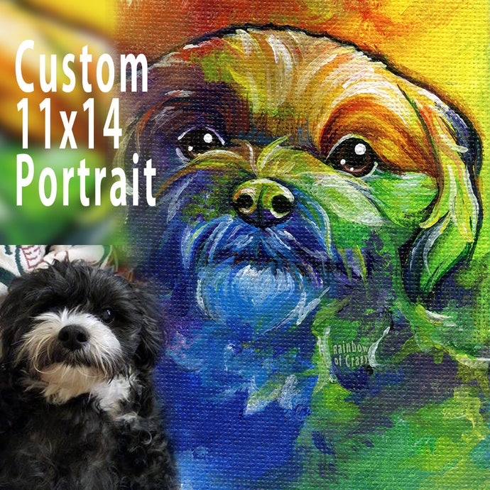 a custom pet portrait on 11x14 inch canvas, of a black and white dog painted with rainbow colours
