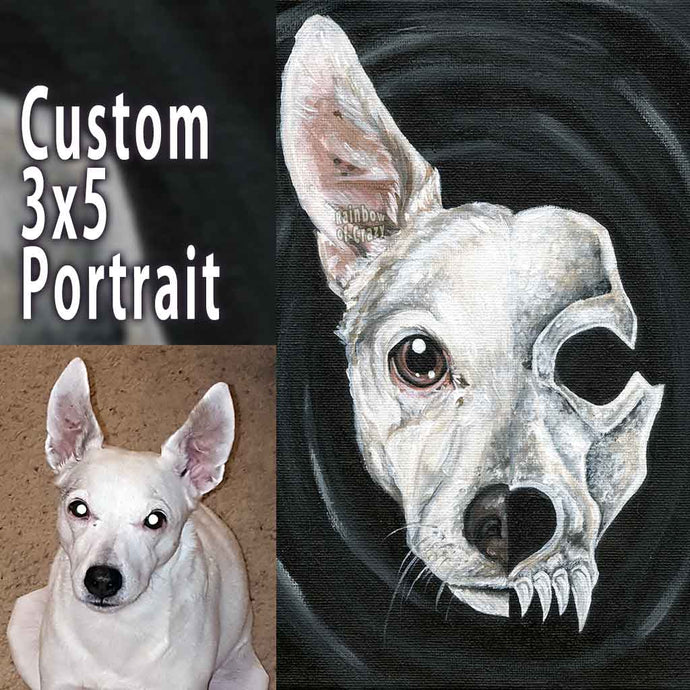 a custom painting split into two halves. The left side, half a white dog's face. The right side, a stylized dog skull. painted on a 3x5 inch canvas board