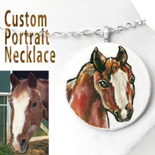 Load image into Gallery viewer, A custom pet portrait painting, on a circle wood necklace, of a brown and white horse.

