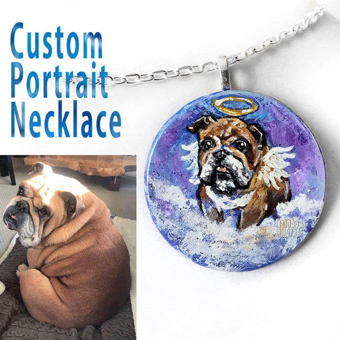 A circle wood pendant necklace, hand painted with a custom pet portrait of an English bulldog as an angel.