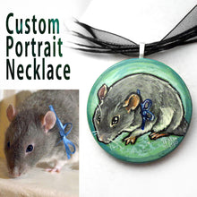 Load image into Gallery viewer, A custom pet portrait painting, on a circle wood necklace, of a grey mouse wearing a blue ribbon
