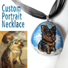 Load image into Gallery viewer, a personalized angel pet portrait necklace, with yorkshire terrier art, hand painted on a beach stone
