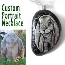 Load image into Gallery viewer, A portrait necklace, handmade with a small beach rock, custom painted with a portrait of a grey bunmy rabbit
