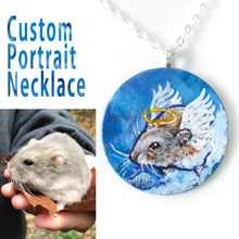 Load image into Gallery viewer, A circle wood pendant necklace, hand painted with a custom pet portrait of an brown and white hamster as an angel.
