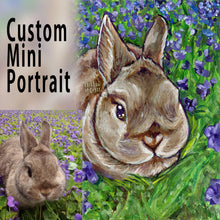 Load image into Gallery viewer, A custom portrait painting is ACEO sized (2.5&quot; by 3.5&quot;) featuring a brown bunny rabbit sitting in a field of purple flowers.
