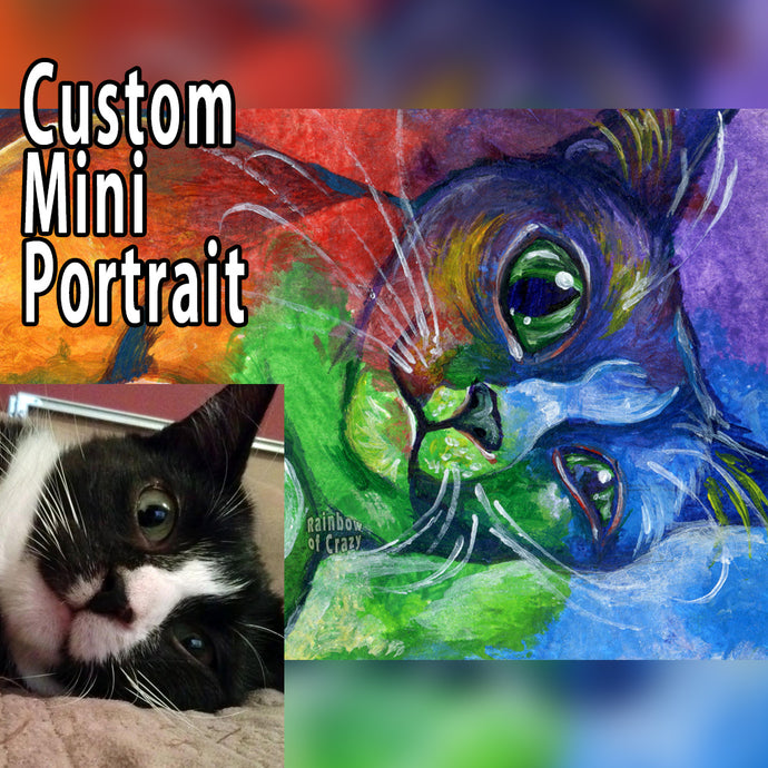 a custom small ACEO pet painting, of a portrait of a black and white cat, painted with rainbow colours.