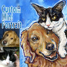 Load image into Gallery viewer, A custom portrait painting is ACEO sized (2.5&quot; by 3.5&quot;) featuring a black and white cat, and a labrador retriever dog.
