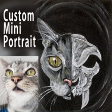 Load image into Gallery viewer, A custom, small ACEO pet painting of a grey tabby cat on one side, and a stylized cat skull on the other side.
