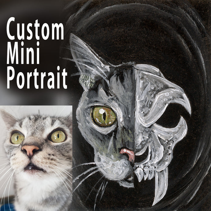 A custom, small ACEO pet painting of a grey tabby cat on one side, and a stylized cat skull on the other side.