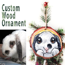 Load image into Gallery viewer, custom wood christmas tree ornament, hand painted with a portrait of a white and gray mini lop rabbit
