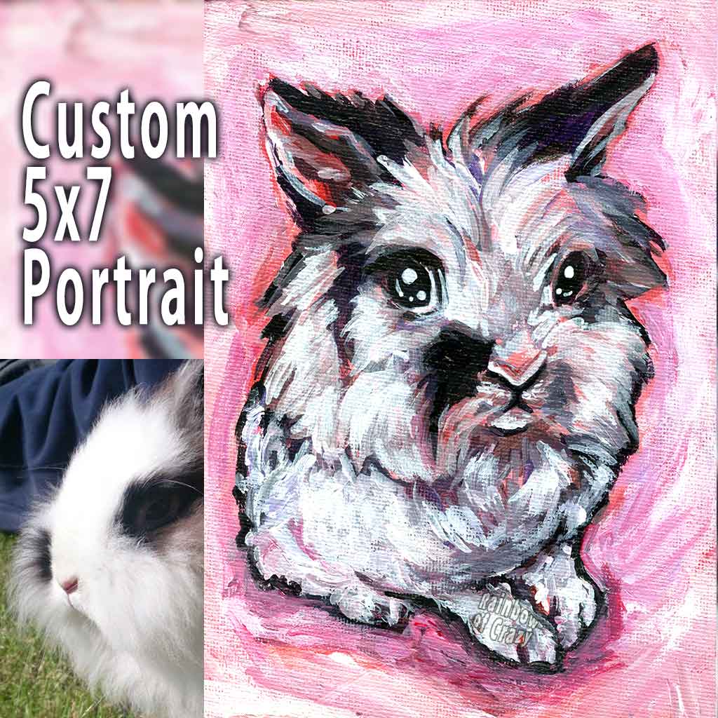 A custom pet portrait, on 5x7 inch canvas, with art of a black and white lionhead rabbit