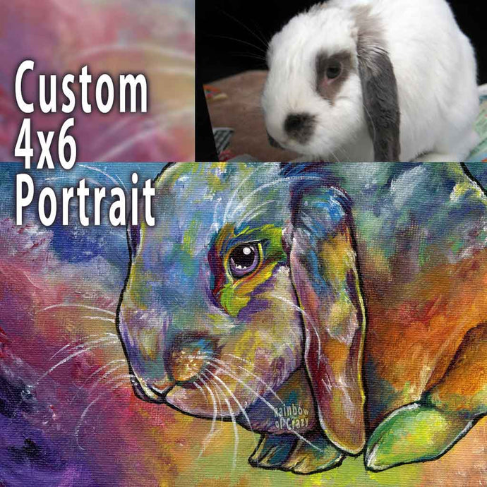 a custom painting of a white and gray rabbit painted with rainbow colours over 4x6 inch canvas
