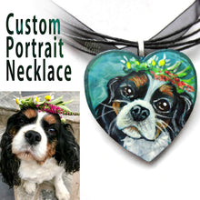 Load image into Gallery viewer, A custom dog portrait necklace, painted on a wood heart, with a King Charles Spaniel with flowers on its head.
