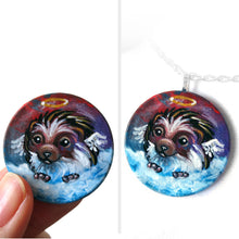 Load image into Gallery viewer, miniature art of a hedgehog angel, painted on a small wood circle, available as a keepsake, magnet or a necklace
