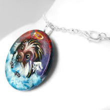 Load image into Gallery viewer, a wood circle necklace, with pet art of a hedgehog as an angel in the clouds
