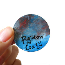 Load image into Gallery viewer, the back of the hedgehog angel painting, painted on a wood circle, signed with &quot;Rainbow of Crazy&quot;
