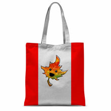 Load image into Gallery viewer, A white tote bag printed with the Canadian flag, but with a stylized, smiling maple leaf with eyes open
