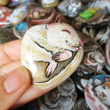 Load image into Gallery viewer, A hand holding a small beach stone, painted with a portrait of an albino ferret, in front of various rock art.
