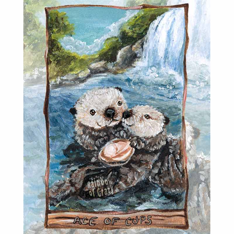 An art print featuring the ace of cups from the animism tarot. Two otters swim together at the base of a waterfall, sharing a clam between them