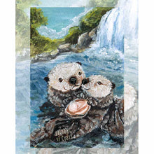 Load image into Gallery viewer, An art print featuring the ace of cups from the animism tarot. Two otters swim together at the base of a waterfall, sharing a clam between them
