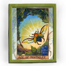 Load image into Gallery viewer, The Ace of Pentacles from the Animism Tarot: a rainbow coloured scarab beetle flies off fr a tree with the sun shining from behind.
