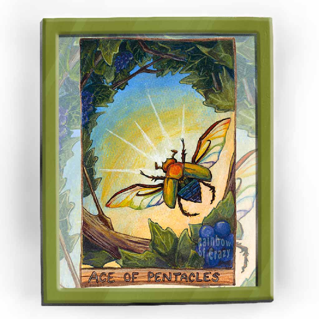 The Ace of Pentacles from the Animism Tarot: a rainbow coloured scarab beetle flies off fr a tree with the sun shining from behind.