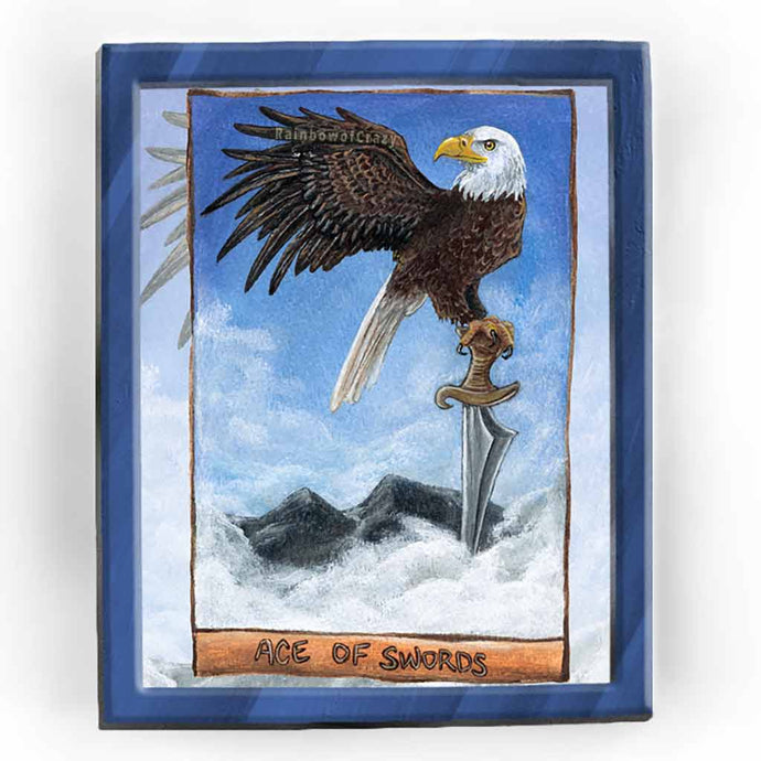 an art print of the ace of swords card from the Animism tarot: an eagle perches on a sword, above the clouds and mountains