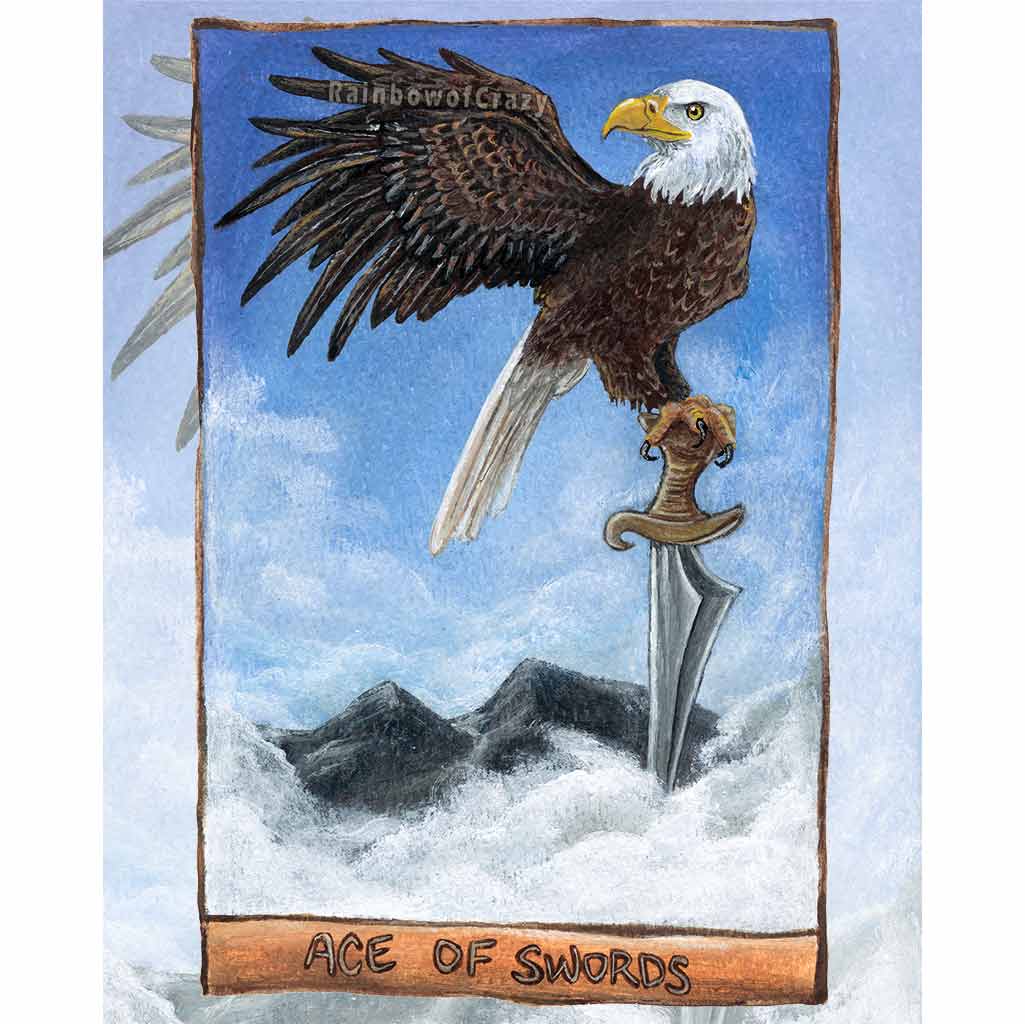 an art print of the ace of swords card from the Animism tarot: an eagle perches on a sword, above the clouds and mountains