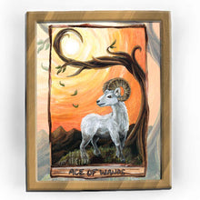 Load image into Gallery viewer, an art print featuring the ace of wands card from the animism tarot: a white ram, standing on the top of a mountain, under a twisted tree and an orange sky.
