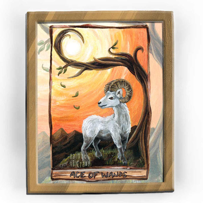 an art print featuring the ace of wands card from the animism tarot: a white ram, standing on the top of a mountain, under a twisted tree and an orange sky.