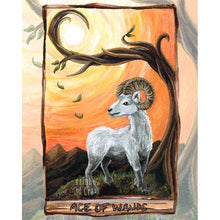 Load image into Gallery viewer, an art print featuring the ace of wands card from the animism tarot: a white ram, standing on the top of a mountain, under a twisted tree and an orange sky.
