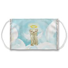 Load image into Gallery viewer, A white reusable face mask, featuring art of an albino ferret with angel wings and halo, on top of the clouds

