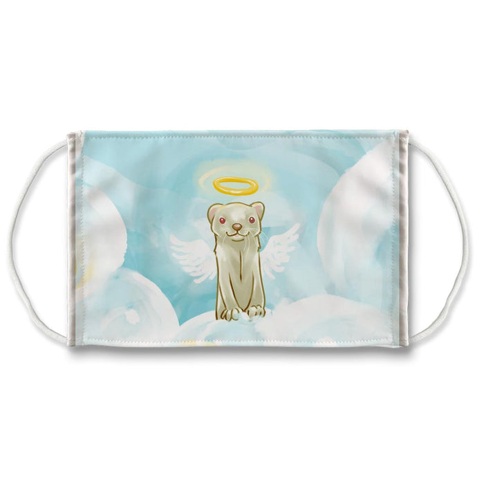 A white reusable face mask, featuring art of an albino ferret with angel wings and halo, on top of the clouds
