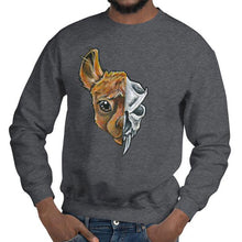 Load image into Gallery viewer, A man is wearing a unisex sweatshirt in the colour dark heather grey, printed with art split into two: the left side features the face of a brown alpaca, and the right side features an evil looking alpaca skull.
