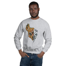 Load image into Gallery viewer, A man is wearing a unisex sweatshirt in the colour sport grey, printed with an illustration split into two: the left side features the face of a brown alpaca, and the right side features an evil looking alpaca skull.
