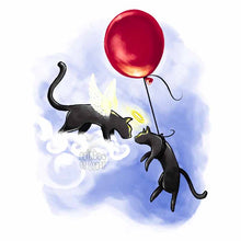 Load image into Gallery viewer, An art print featuring an angel black cat greeting another black cat that is floating up thanks to a red ballloon.
