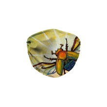 Load image into Gallery viewer, A reusable face mask features a scarab in rainbow colours, taking flight in front of the sun. Art is from the Ace of Pentacles card from the Animism Tarot
