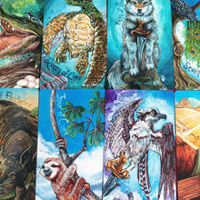 Load image into Gallery viewer, Cards from the Animism Tarot BORDERLESS Edition: Six of Pentacles, Queen of Cups, King of Swords, Seven of Pentacles, Knight of Pentacles, Four of Cups, Queen of Swords and Ten of Wands
