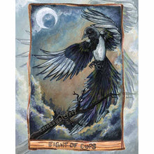 Load image into Gallery viewer, An art print of the Eight if Cups from the Animism Tarot, which features a magpie rising from a tree branch and leaving its home for the last time.
