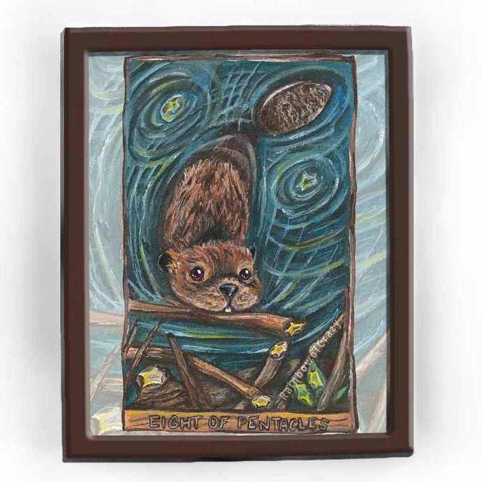 an art print of the right of pentacles card from the Animism Tarot deck. a beaver swims towards its dam with a branch in its mouth.