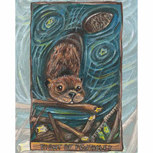 Load image into Gallery viewer, an art print of the right of pentacles card from the Animism Tarot deck. a beaver swims towards its dam with a branch in its mouth.
