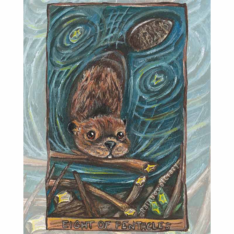 an art print of the right of pentacles card from the Animism Tarot deck. a beaver swims towards its dam with a branch in its mouth.