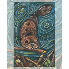 Load image into Gallery viewer, an art print of the right of pentacles card from the Animism Tarot deck. a beaver swims towards its dam with a branch in its mouth.
