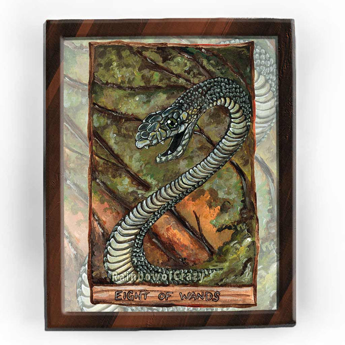An art print of the Eight of Wands, from the animism tarot. A black Mamba snake rises up, ready to strike.