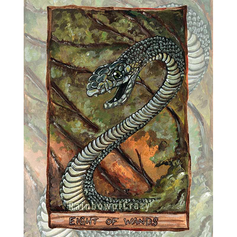 An art print of the Eight of Wands, from the animism tarot. A black Mamba snake rises up, ready to strike.