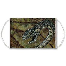Load image into Gallery viewer, A reusable face mask features art of a black mamba snake, ready to strike
